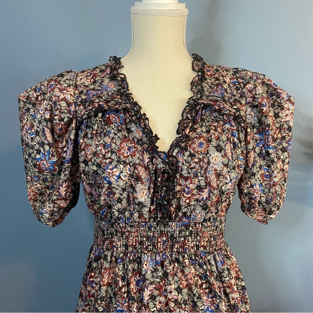 INA Dark Floral Puffy Short Sleeve Smocked Tiered Mini Dress - Picture 7 of 13